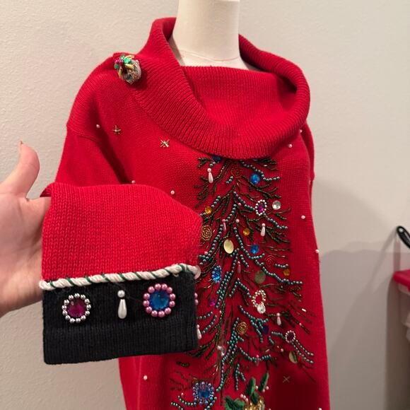 Victoria Jones Vintage 1X Embellished Ugly Christmas Tree Sweater Beaded Party - Picture 3 of 8